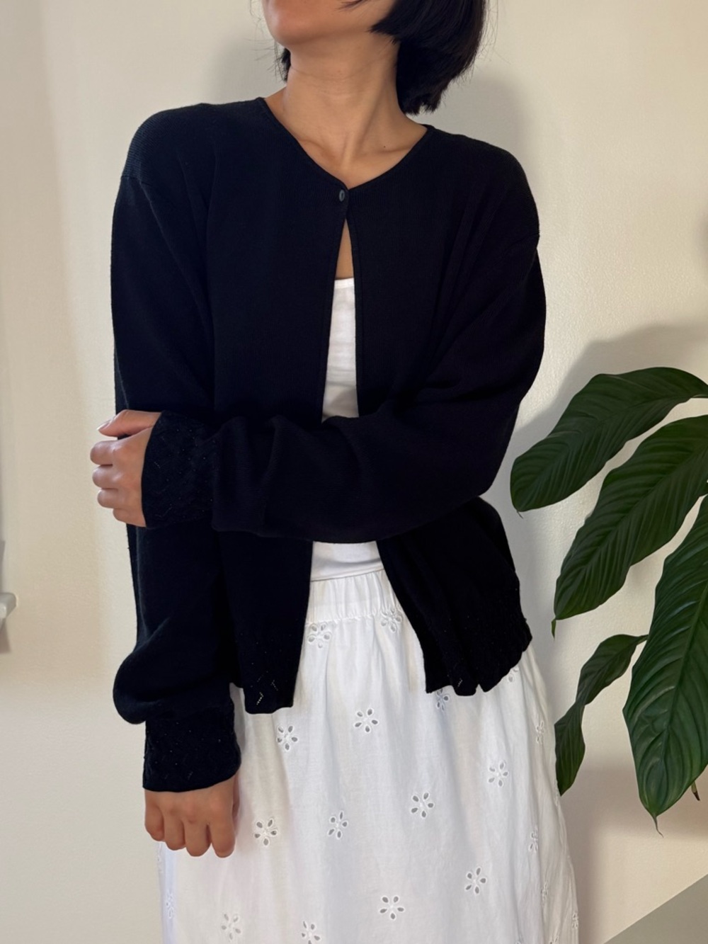 Vintage Rena Rowan Essentials Cotton Blend Black Cardigan With Beads Size L